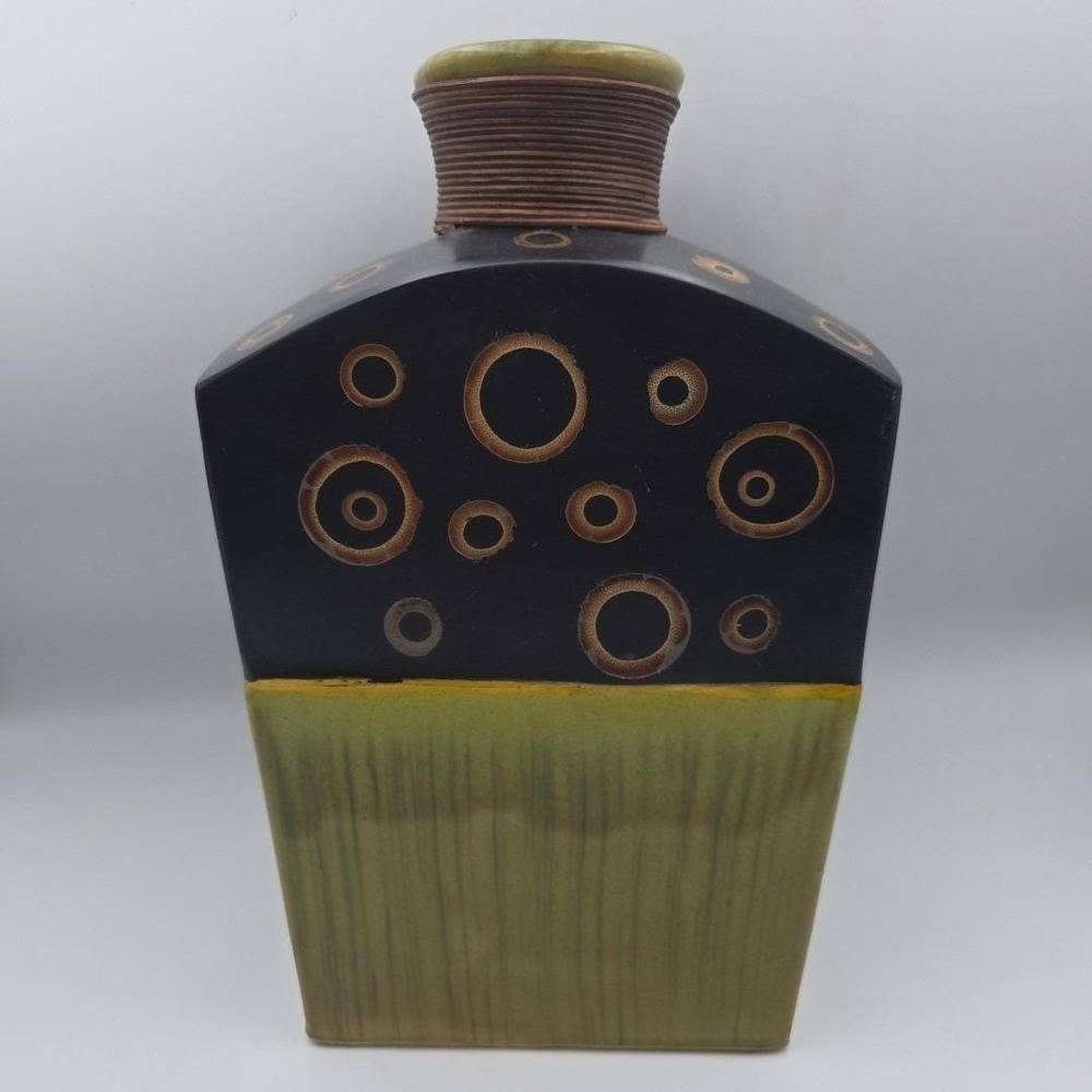 Vintage Pier 1 Black and Green Abstract Vase With Circles 12.25"
